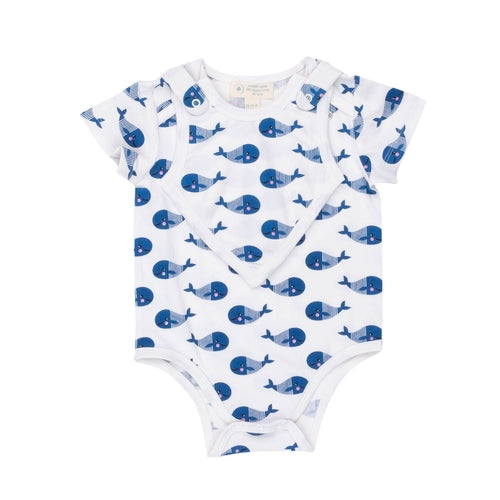 Smart Short Sleeve Baby Bodysuit + Bib - Blue Whale