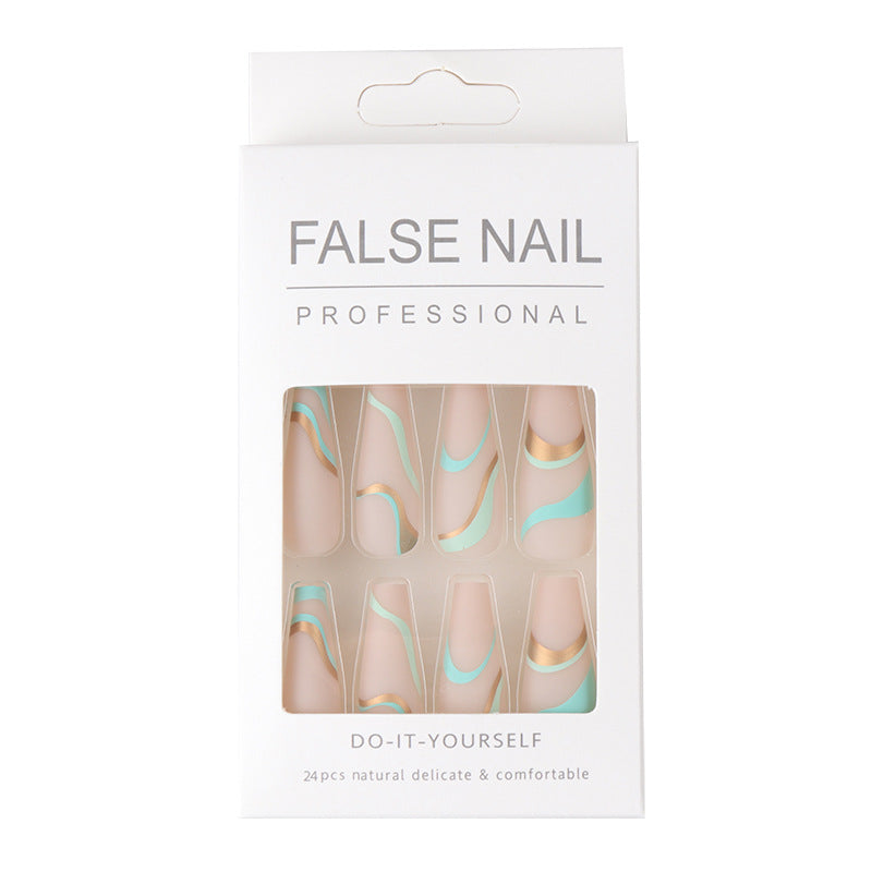 Gold Line Wave Pattern Long Ballet Nail Printed Gold Frosted Manicure