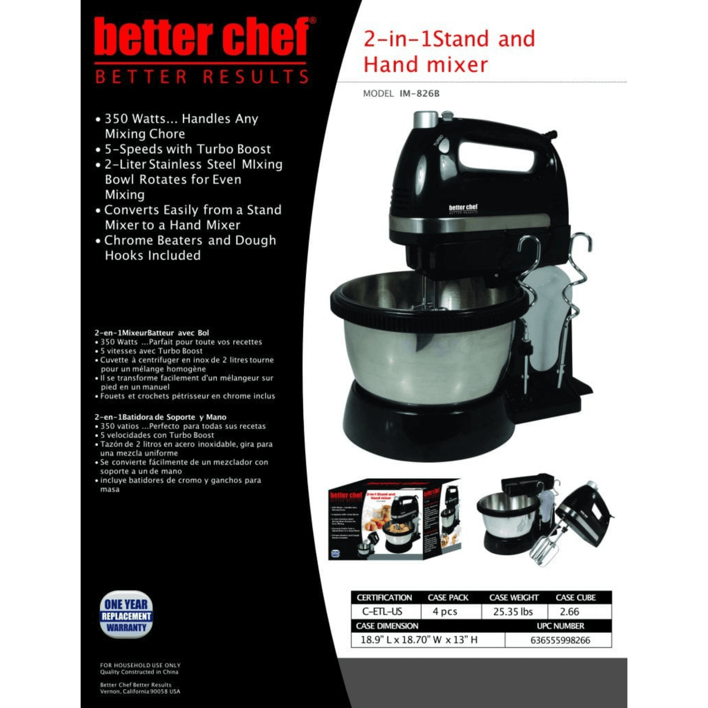 Better Chef 350W 5-Speed-plus-Boost Hand and Stand Mixer w Bowl