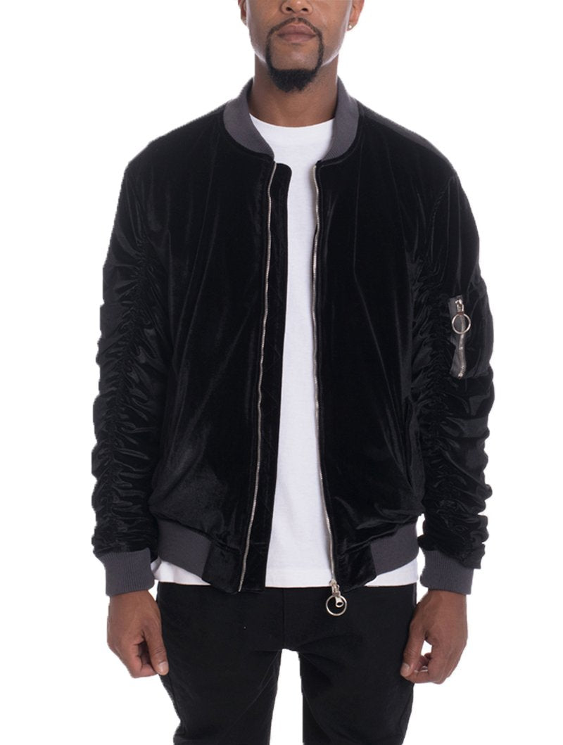 Velour Cinch Sleeve Bomber Jacket