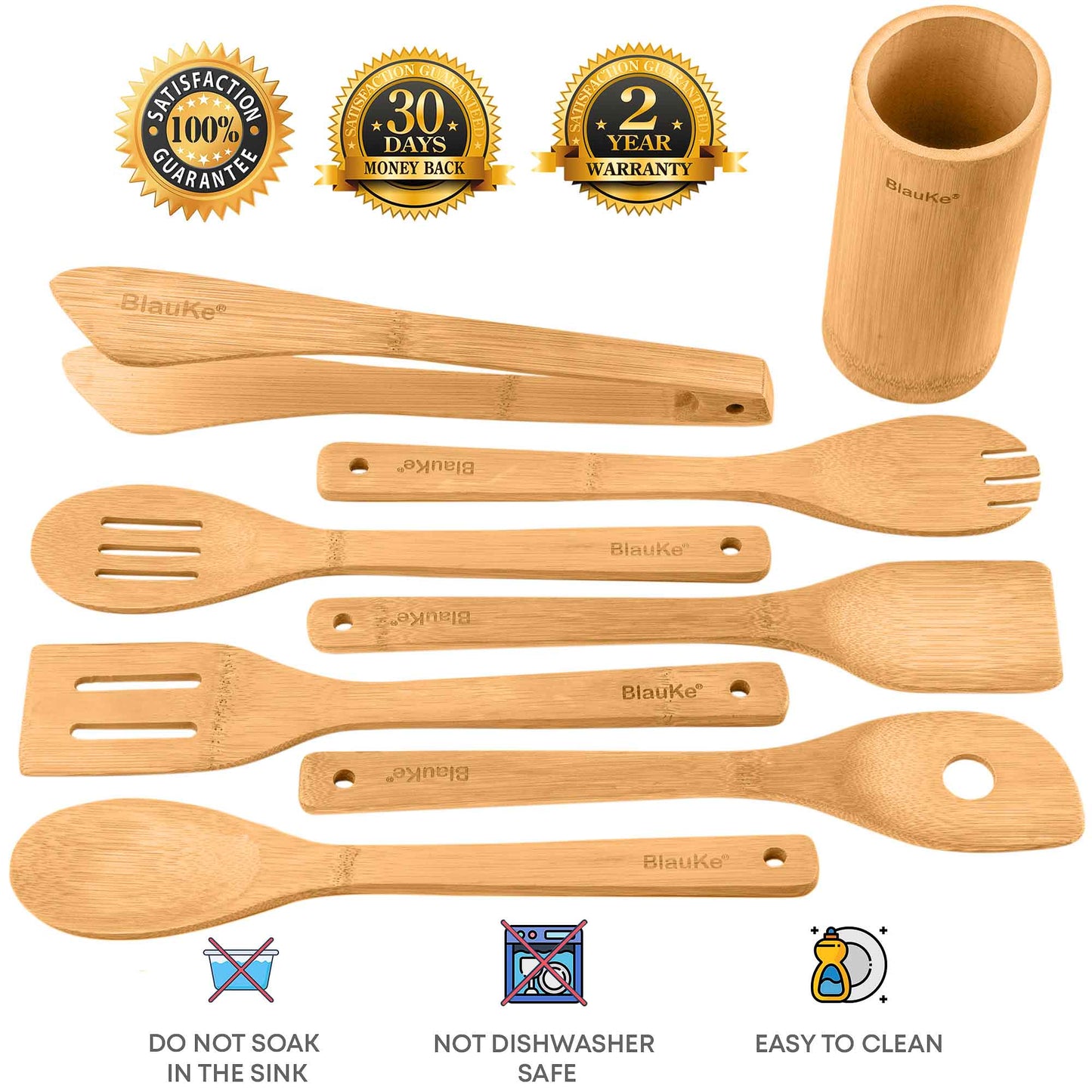 Bamboo Kitchen Utensils Set 8-Pack - Wooden Cooking Utensils