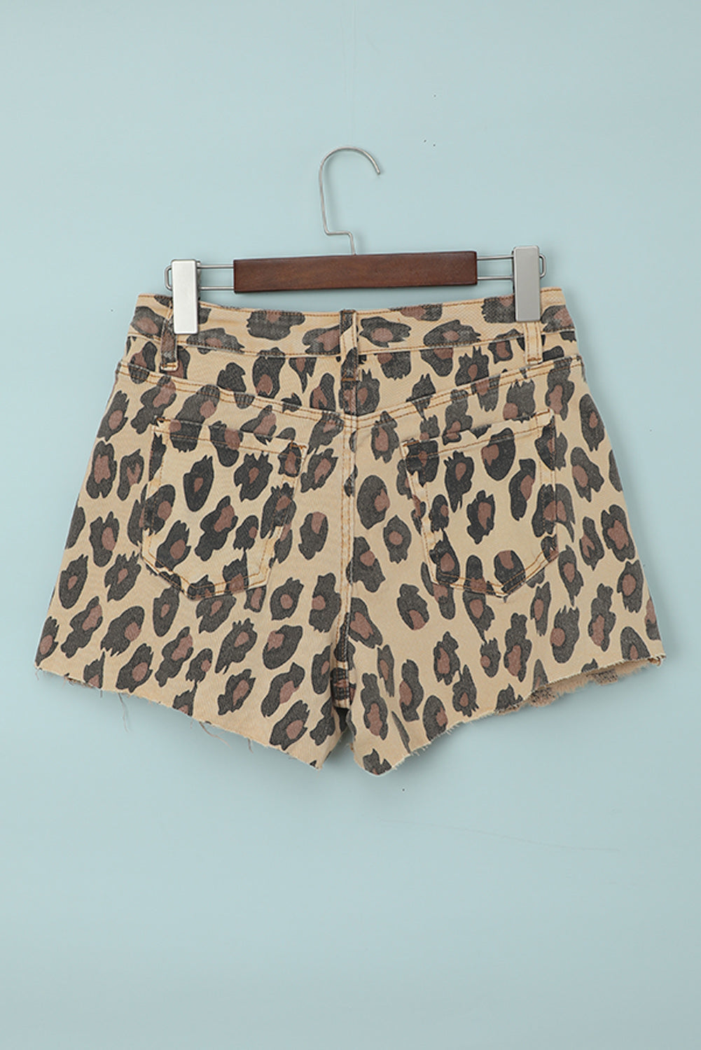 Brown Leopard Mid Waist Frayed Hemline Jean Shorts