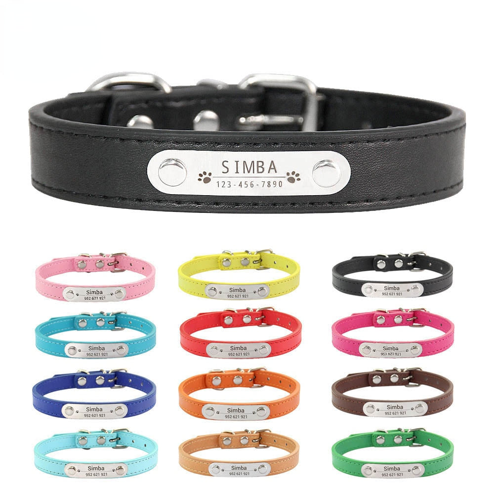 Personalized Dog Collar Name Carved Id Anti-lost Solid Pu Leather