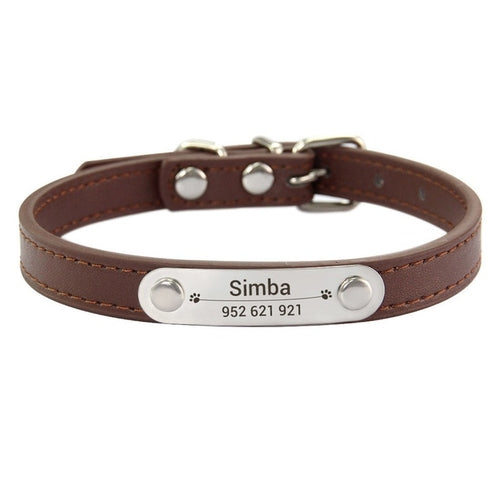 Personalized Dog Collar Name Carved Id Anti-lost Solid Pu Leather