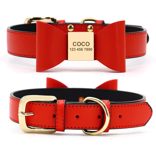 Personalized Dog Name Collar Soft Pu Leather Puppy Cat Bowknot