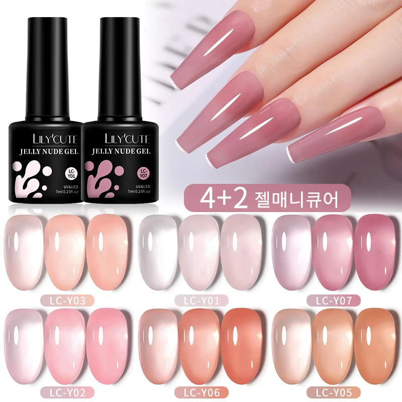 LILYCUTE 6PCS/SET 7ml Jelly Pink Nude Translucent Gel Nail Polish Set