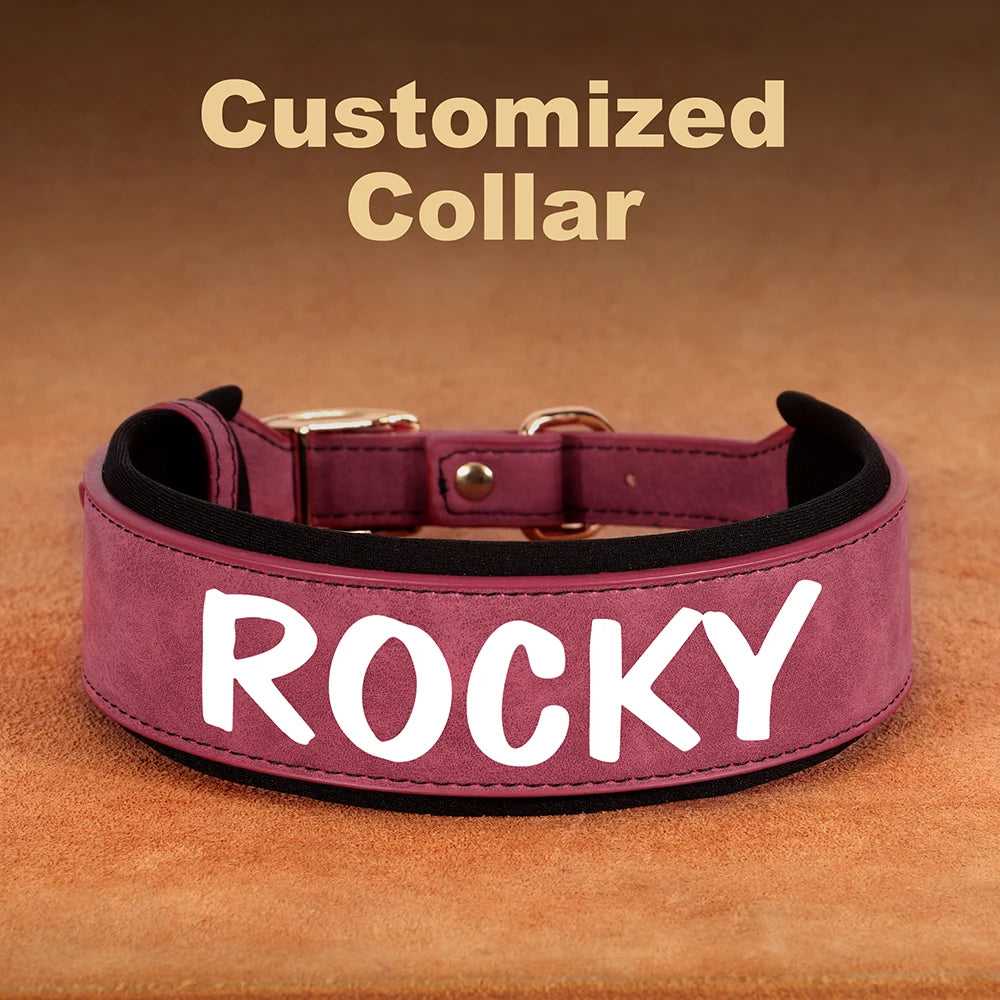 Personalized PU Leather Dog Collar Necklace Wide Padded Pet ID Collars