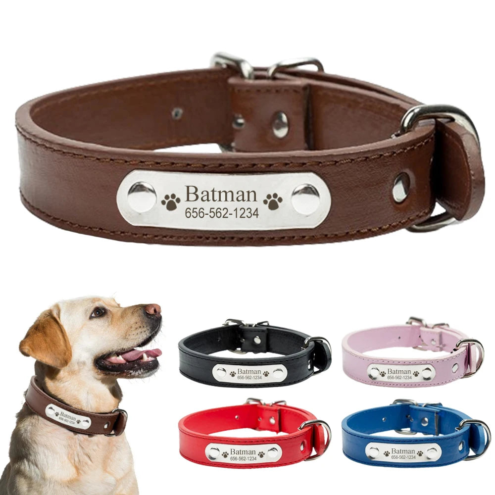 Personalized PU Leather Dog Collar Durable Adjustable Engrave Name ID