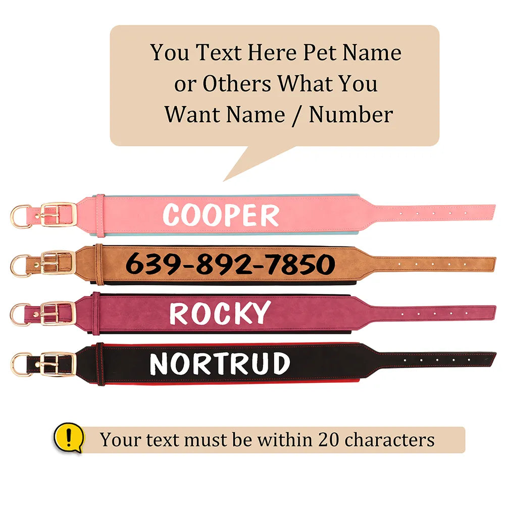 Personalized PU Leather Dog Collar Necklace Wide Padded Pet ID Collars