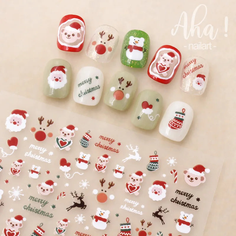 1PC Christmas Santa Claus Elk Nail Art Stickers 3D Snowflake New Year