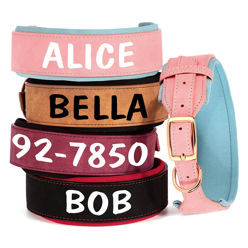 Personalized PU Leather Dog Collar Necklace Wide Padded Pet ID Collars