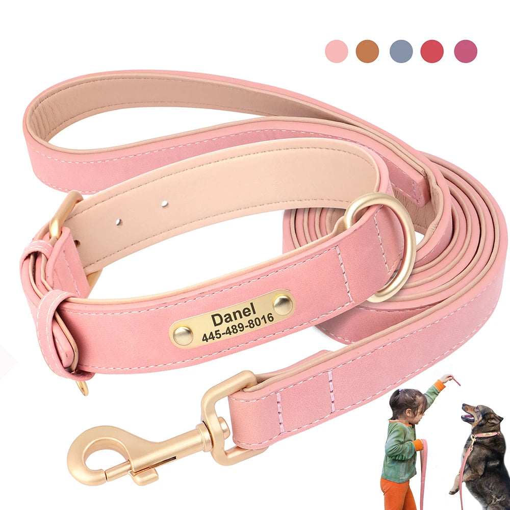 Personalized Dog Collar Leash PU Leather Dog Collars Pet Walking Lead