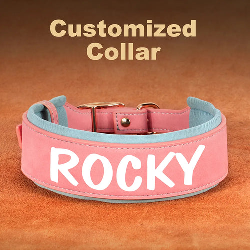 Personalized PU Leather Dog Collar Necklace Wide Padded Pet ID Collars