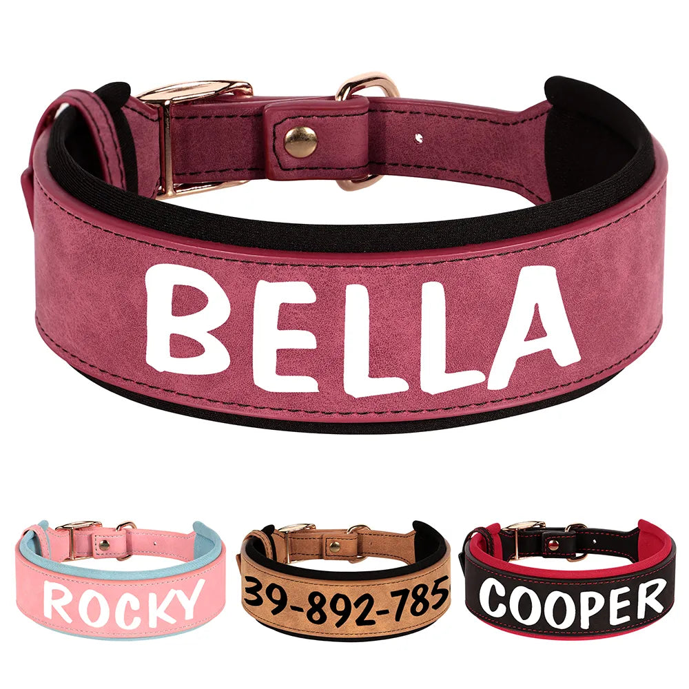 Personalized PU Leather Dog Collar Necklace Wide Padded Pet ID Collars