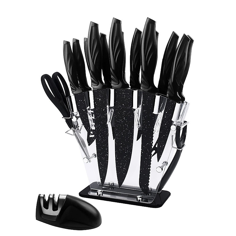 Kitchen 17 Pc Knife Set w/ Block & Sharpener Chef Bread Steak Knives