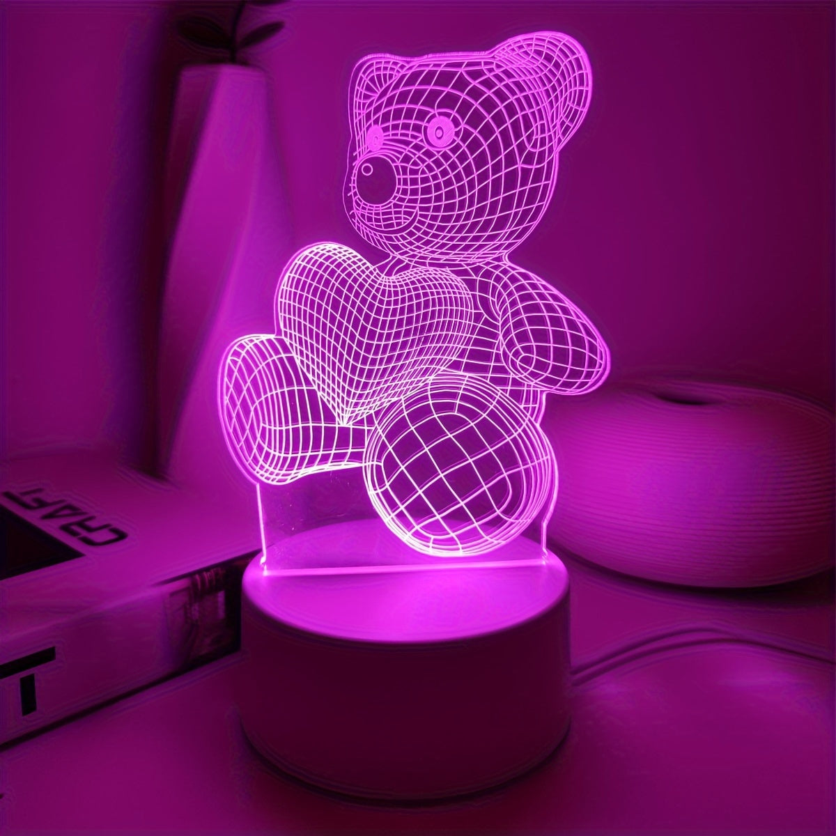 USB Romantic Pink Heart Bear 3D Night Light Decor