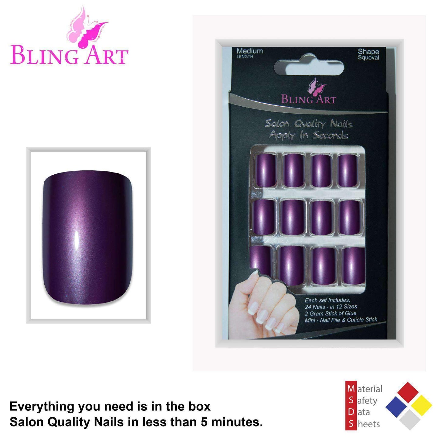 False Nails Bling Art Purple Acrylic French Manicure Fake Medium Tips