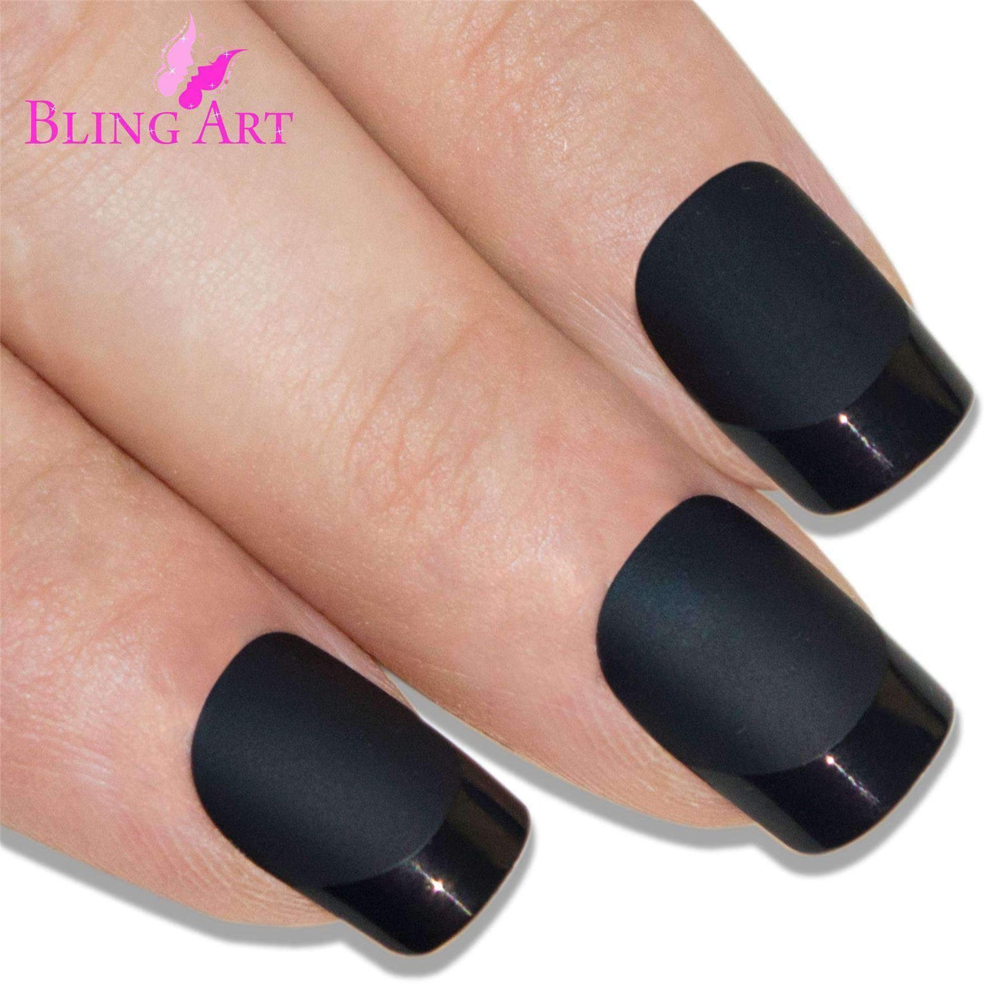 False Nails by Bling Art Black Matte French Manicure Fake Medium Tips