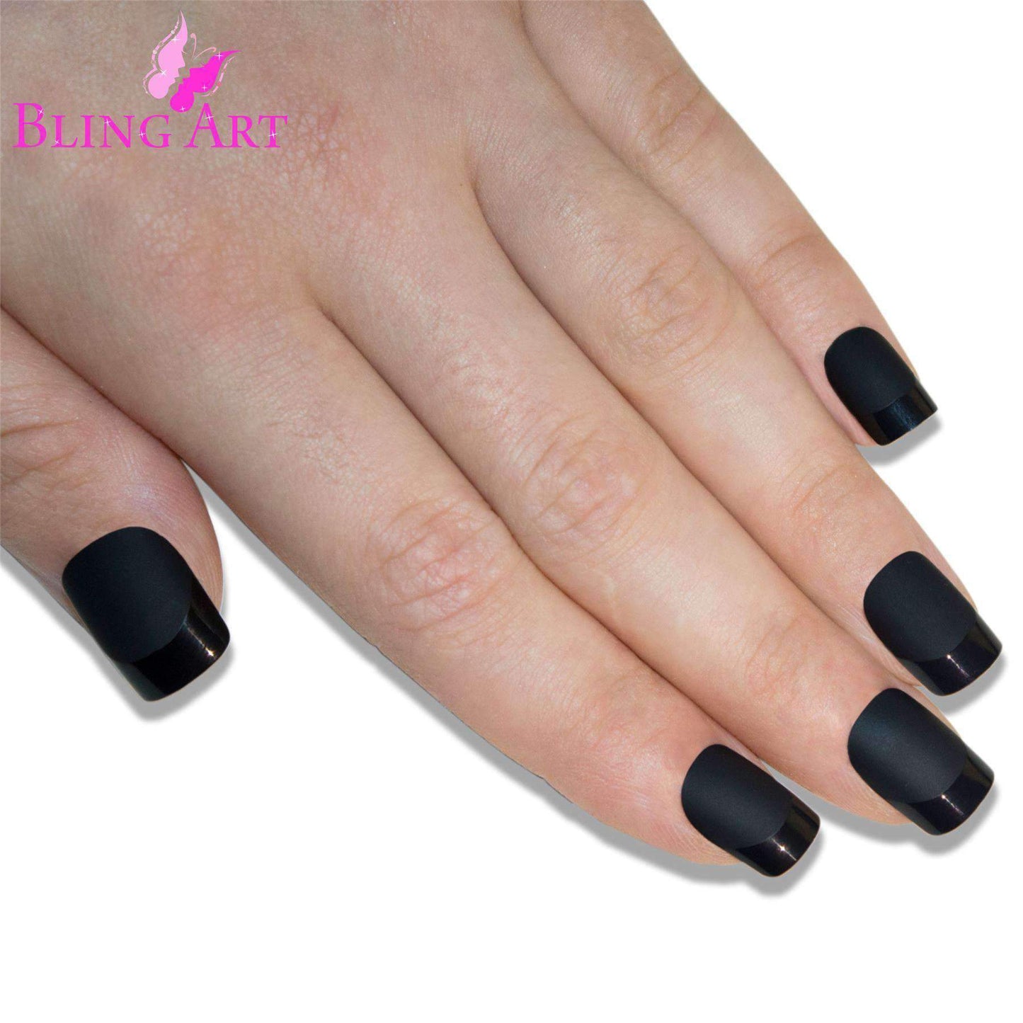 False Nails by Bling Art Black Matte French Manicure Fake Medium Tips