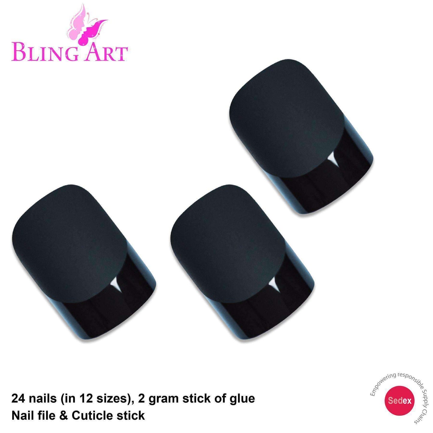 False Nails by Bling Art Black Matte French Manicure Fake Medium Tips