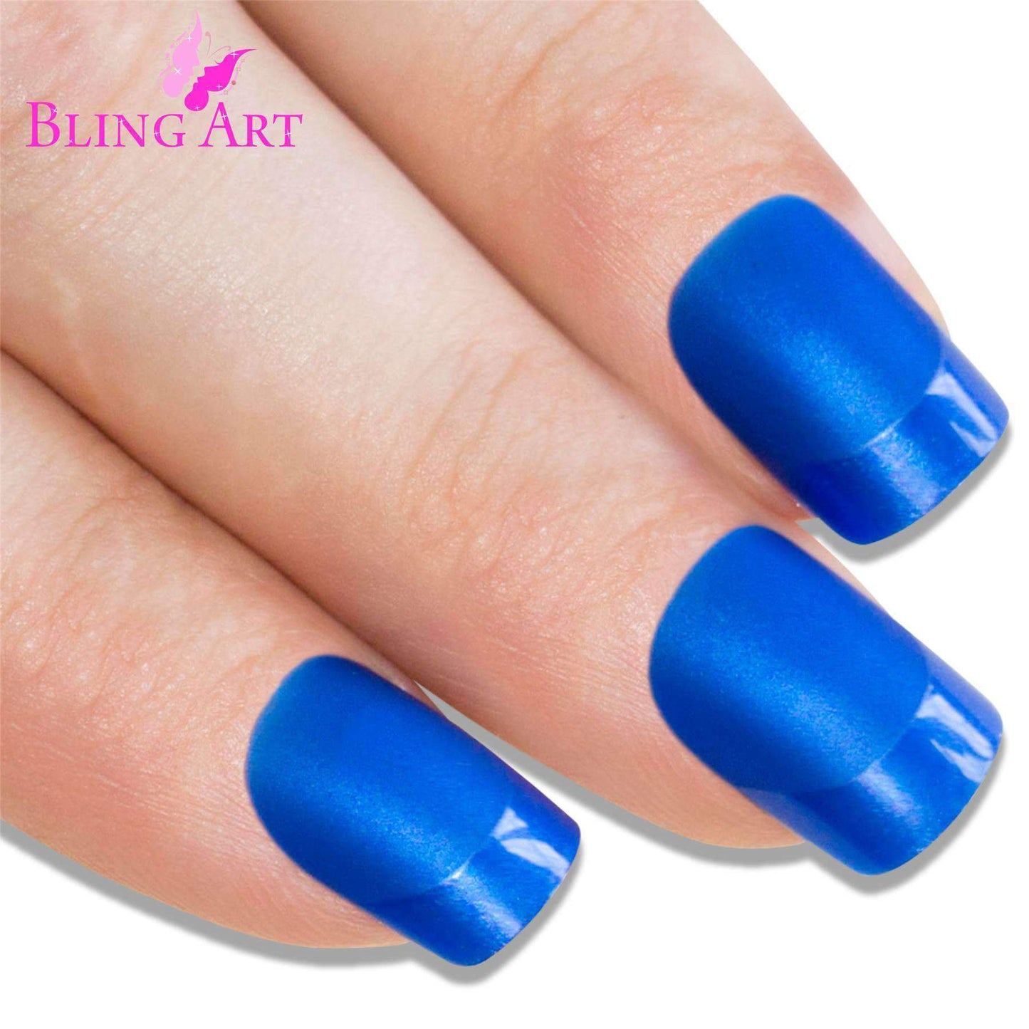 False Nails by Bling Art Blue Matte French Manicure Fake Medium Tips