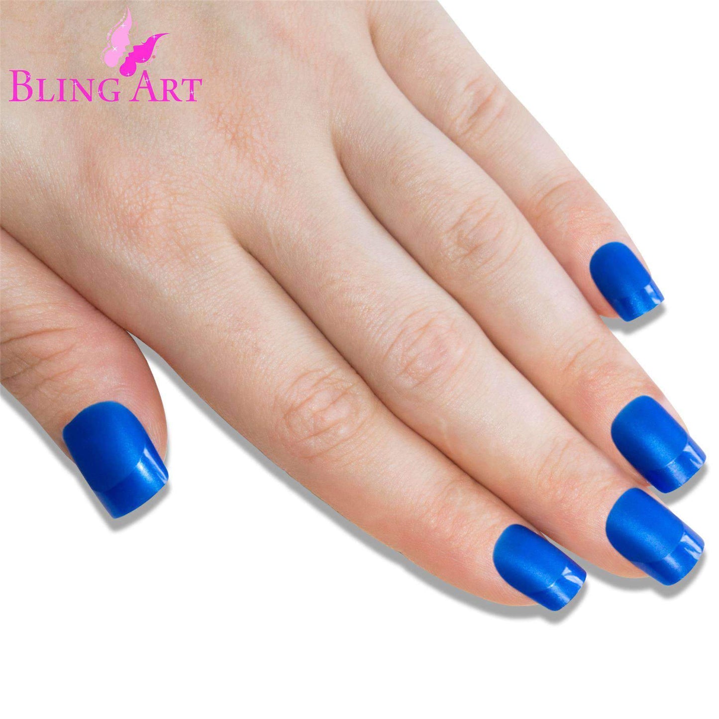 False Nails by Bling Art Blue Matte French Manicure Fake Medium Tips