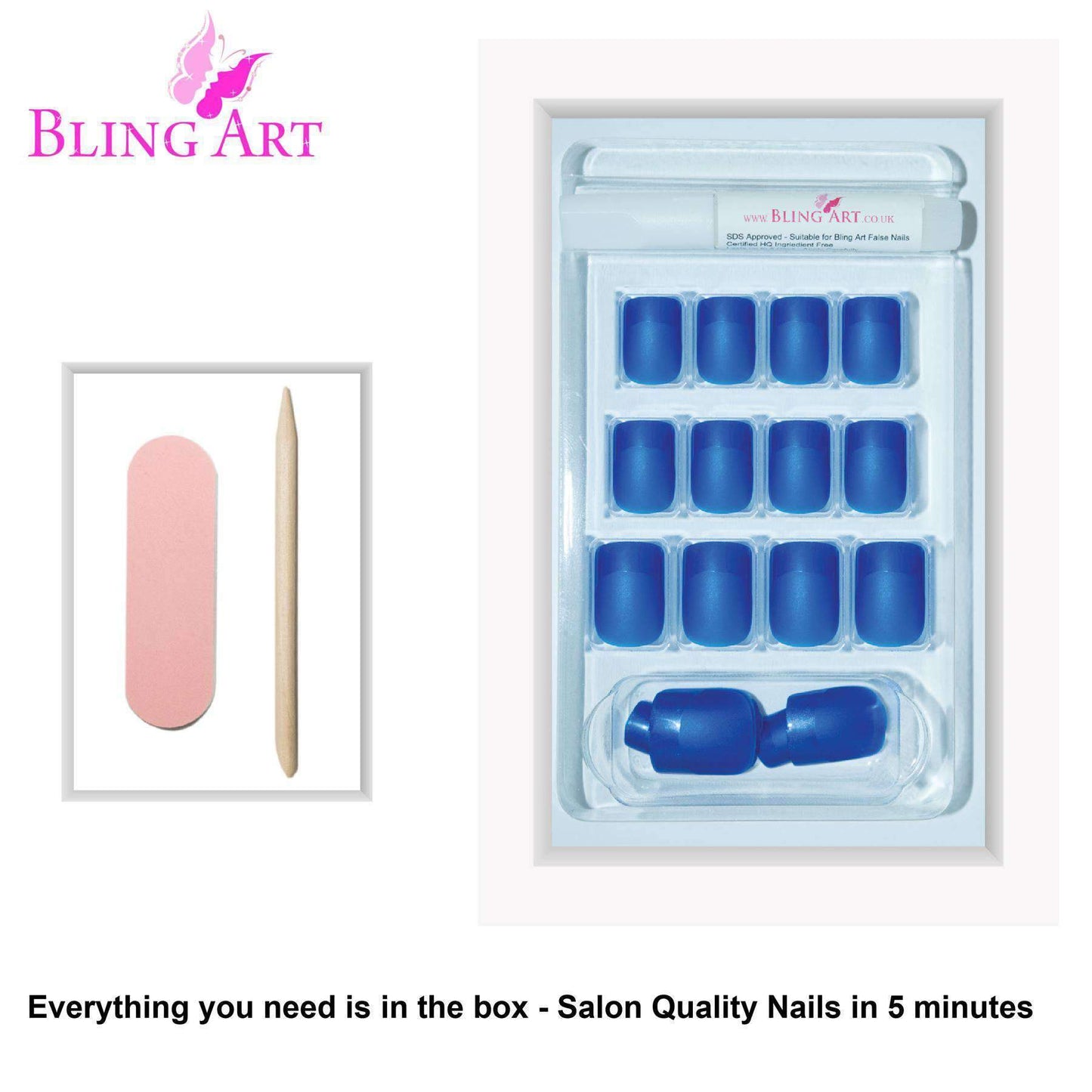 False Nails by Bling Art Blue Matte French Manicure Fake Medium Tips