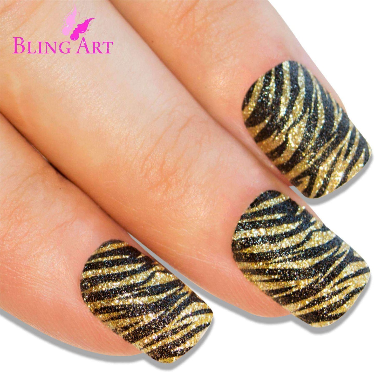 False Nails by Bling Art Gold Black French Manicure Fake Medium Tips