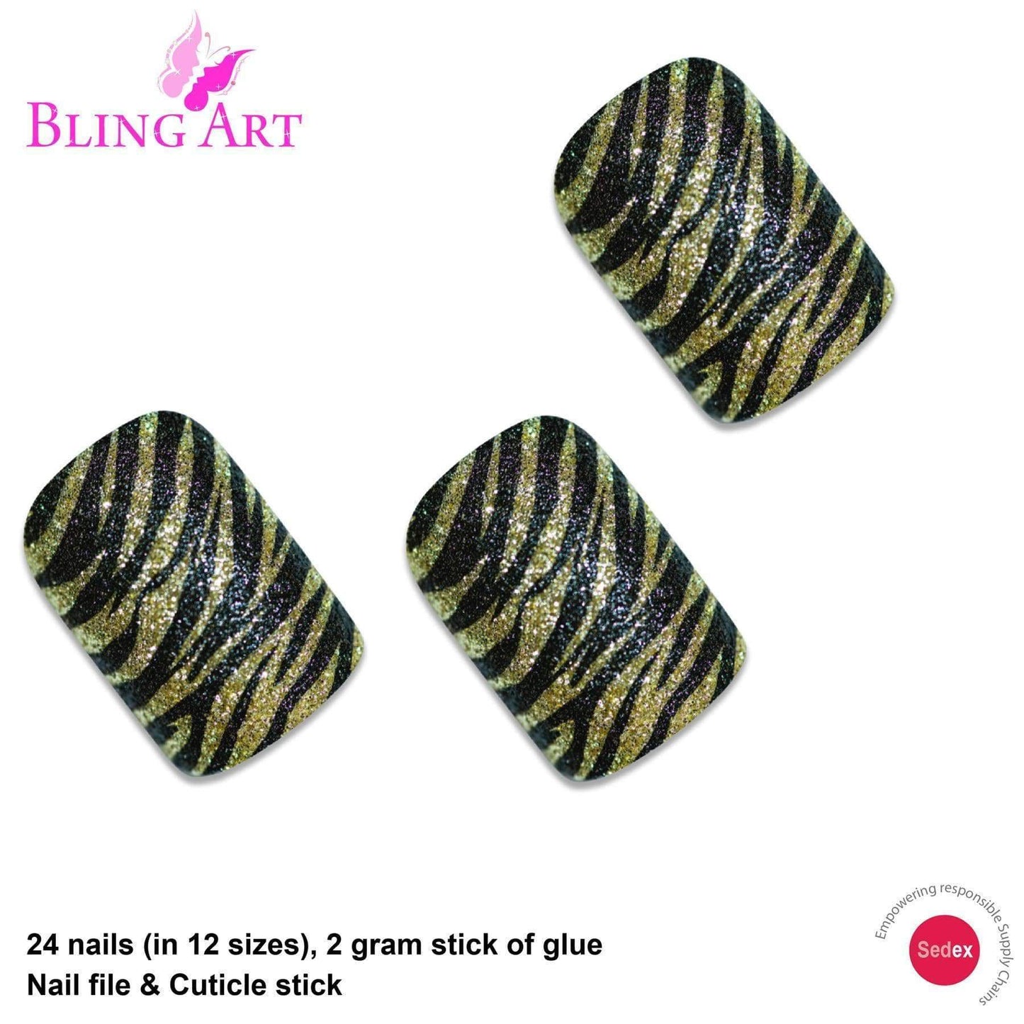 False Nails by Bling Art Gold Black French Manicure Fake Medium Tips