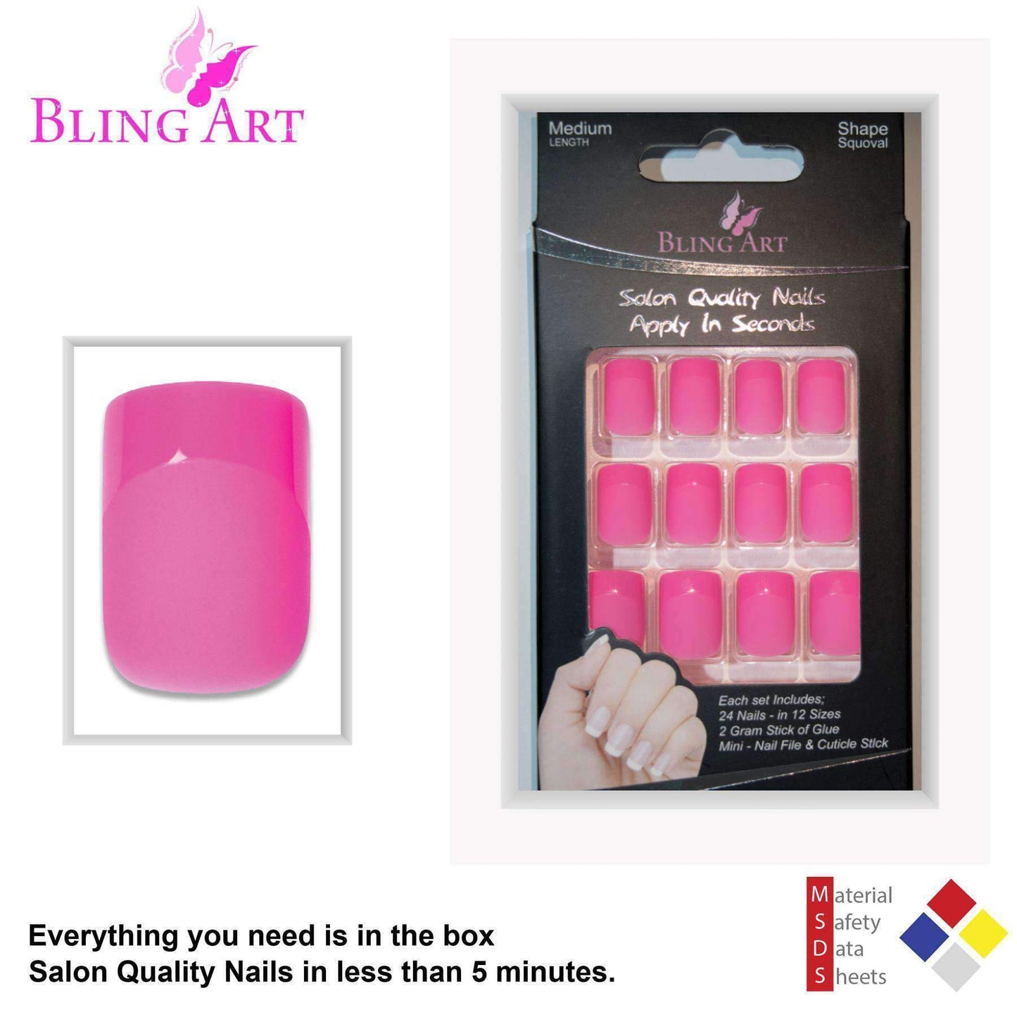 False Nails by Bling Art Pink Matte French Manicure Fake Medium Tips