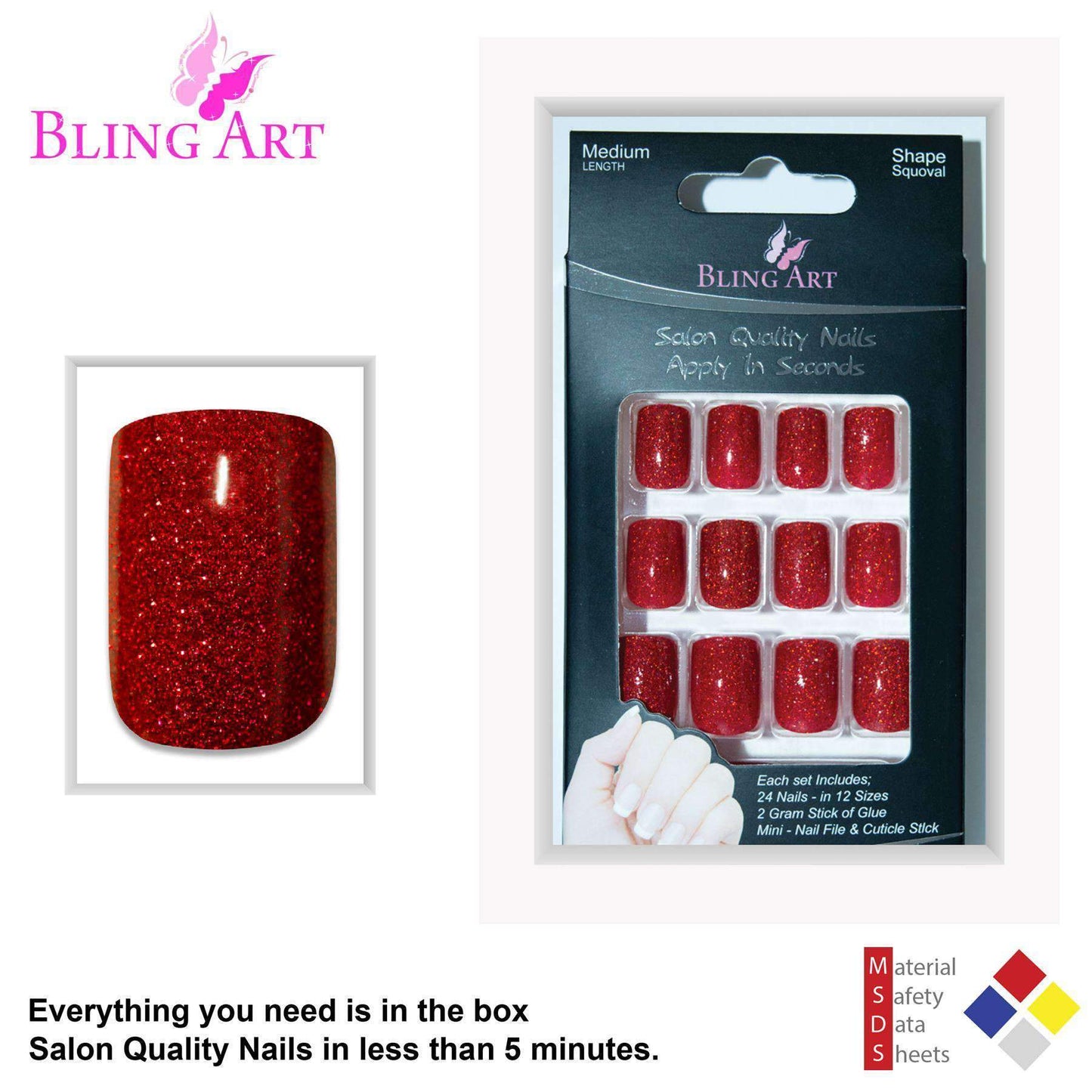 False Nails by Bling Art Red Gel French Manicure Fake Medium Tips with