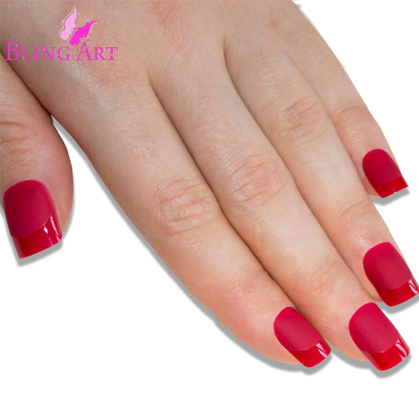 False Nails by Bling Art Red Matte French Manicure Fake Medium Tips