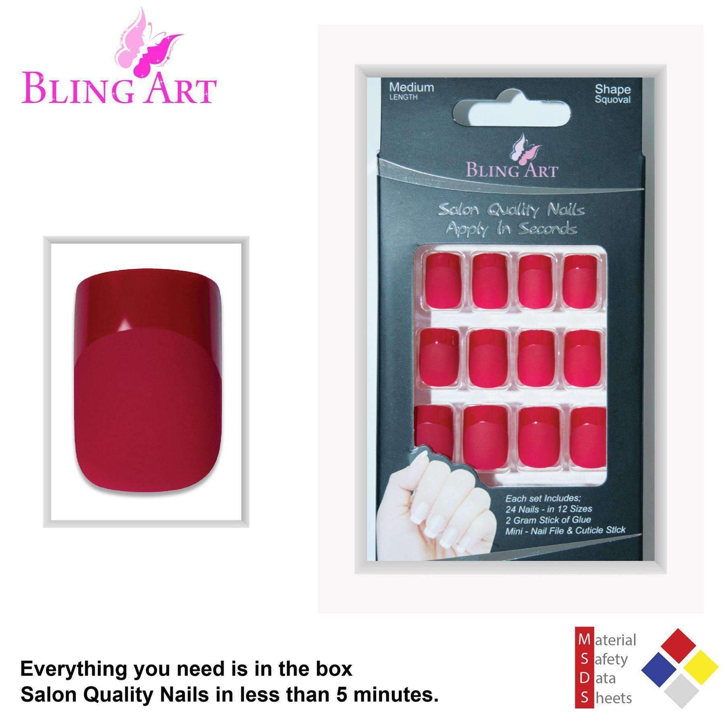 False Nails by Bling Art Red Matte French Manicure Fake Medium Tips