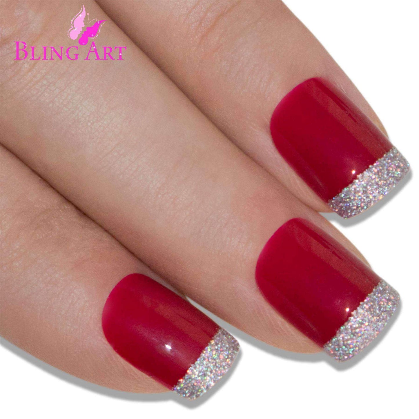 False Nails by Bling Art Red Silver French Manicure Fake Medium Tips