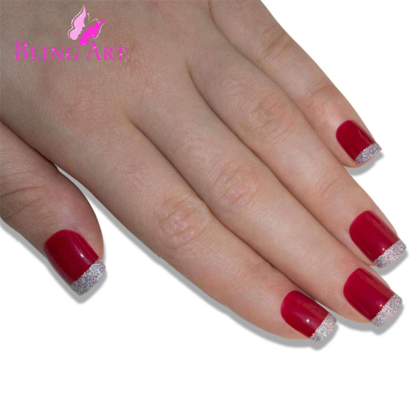 False Nails by Bling Art Red Silver French Manicure Fake Medium Tips