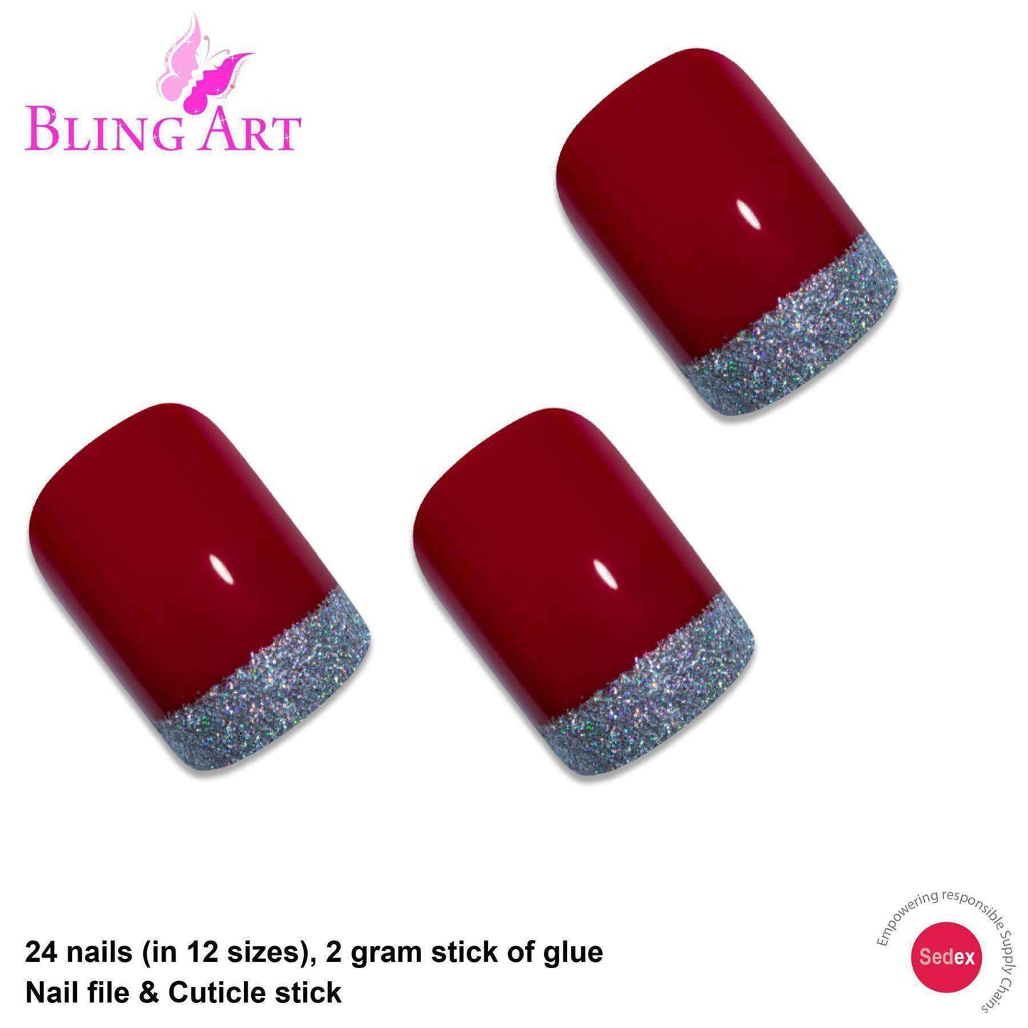 False Nails by Bling Art Red Silver French Manicure Fake Medium Tips