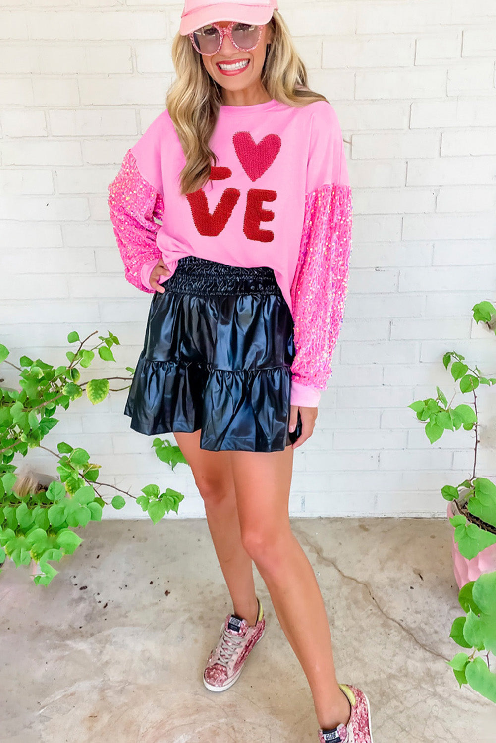 Pink Valentines LOVE Chenille Embroidered Sequin Sleeve Sweatshirt