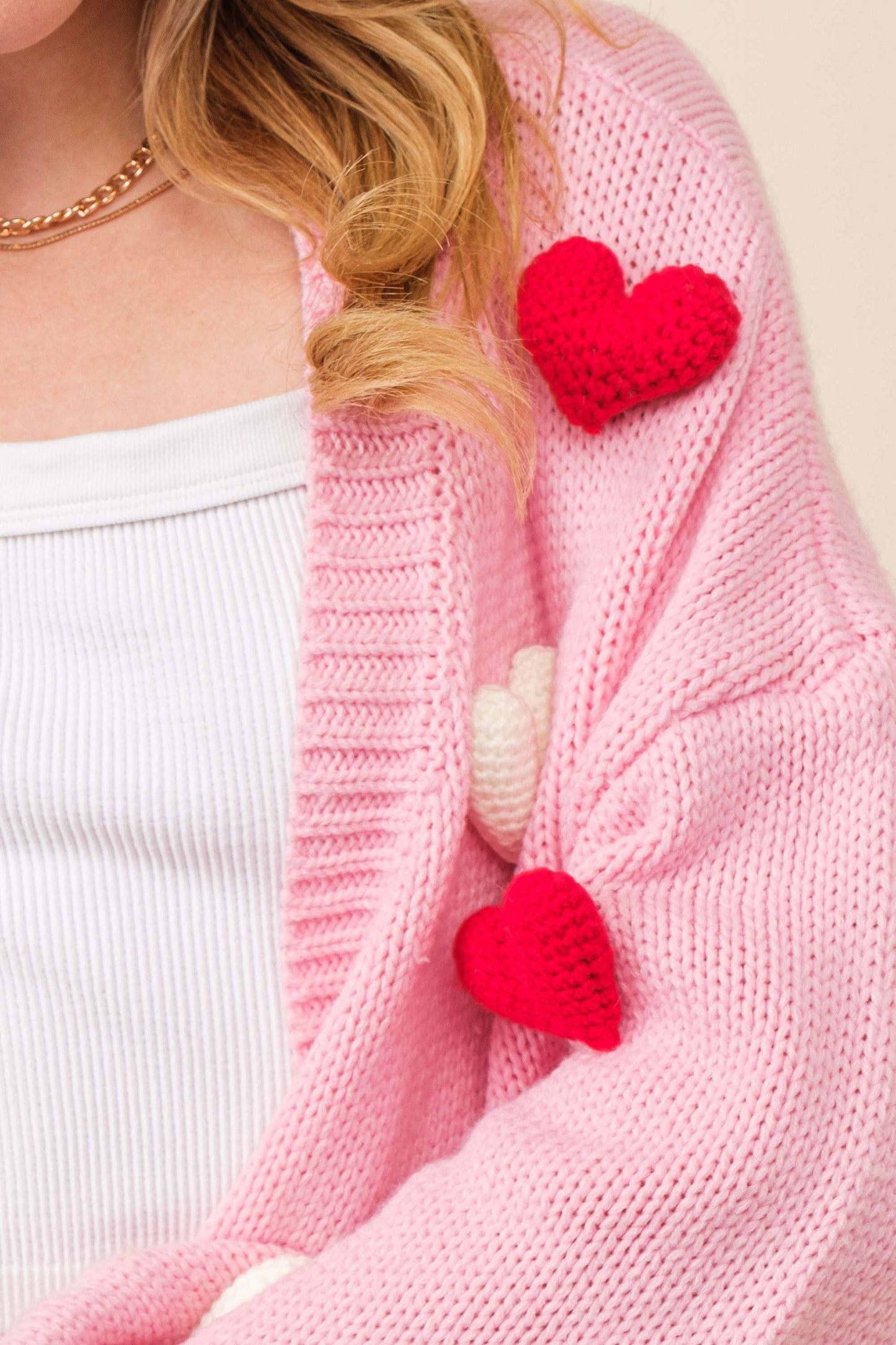 3D Heart Crop Knit Cardigan Sweater in Pink [Size Large Only]