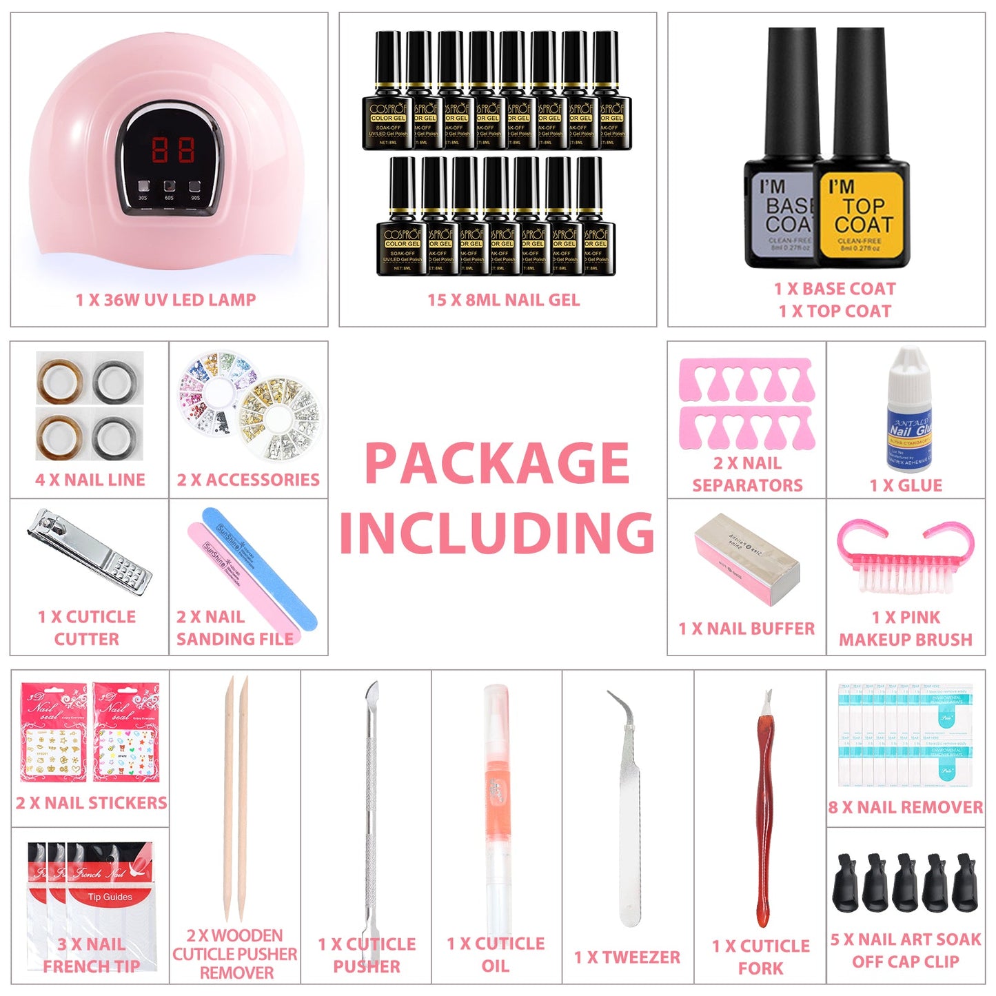 36W 18LED Nail Lamp Gel Nail Polish Starter Kit Manicure 15 Colors