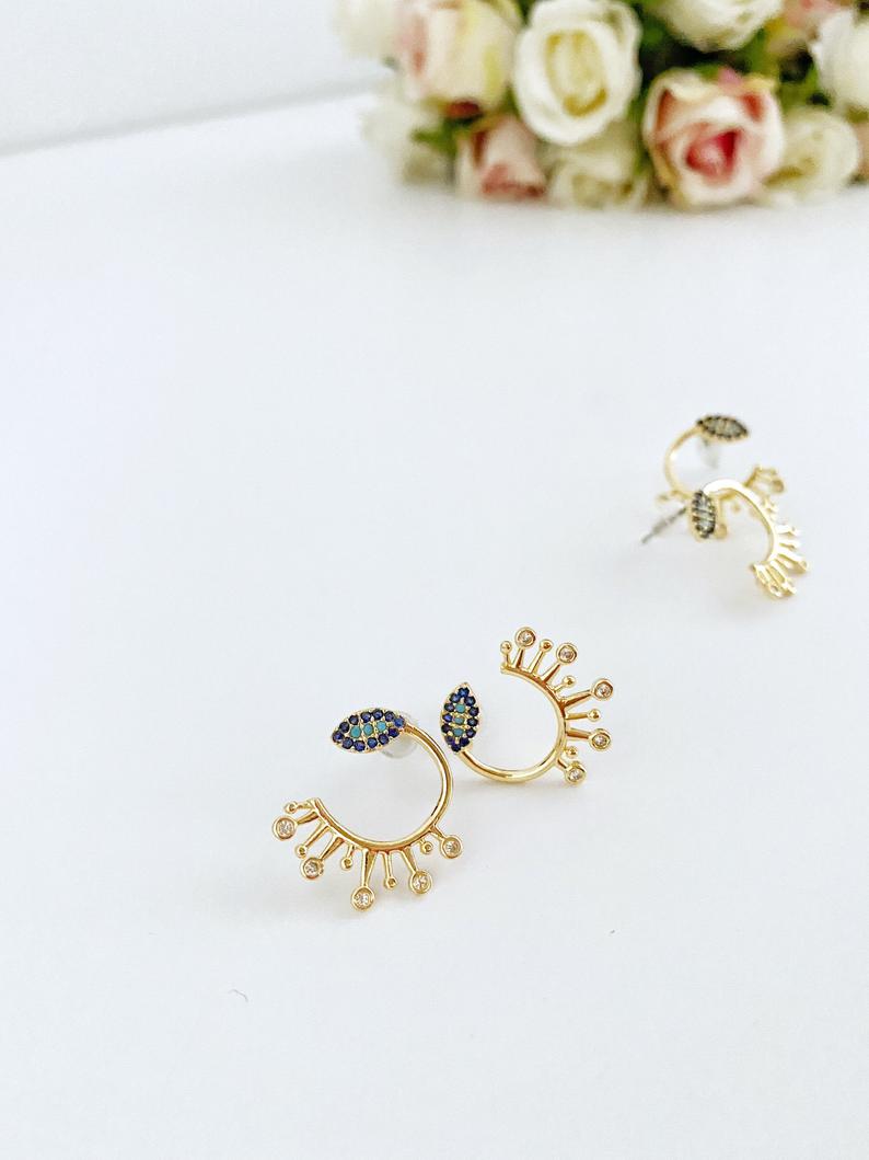 Gold Evil Eye Stud Earrings, CZ Paved Evil Eye Earrings Stud, Trendy