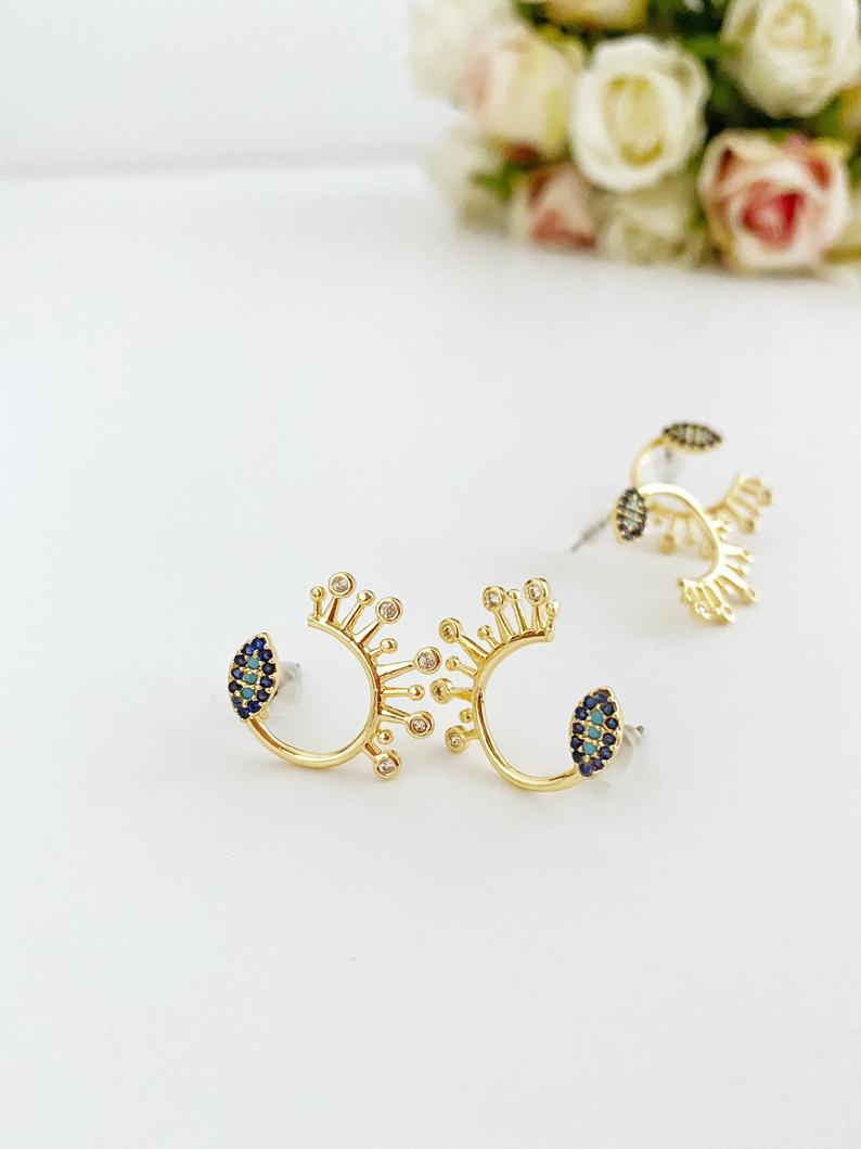 Gold Evil Eye Stud Earrings, CZ Paved Evil Eye Earrings Stud, Trendy