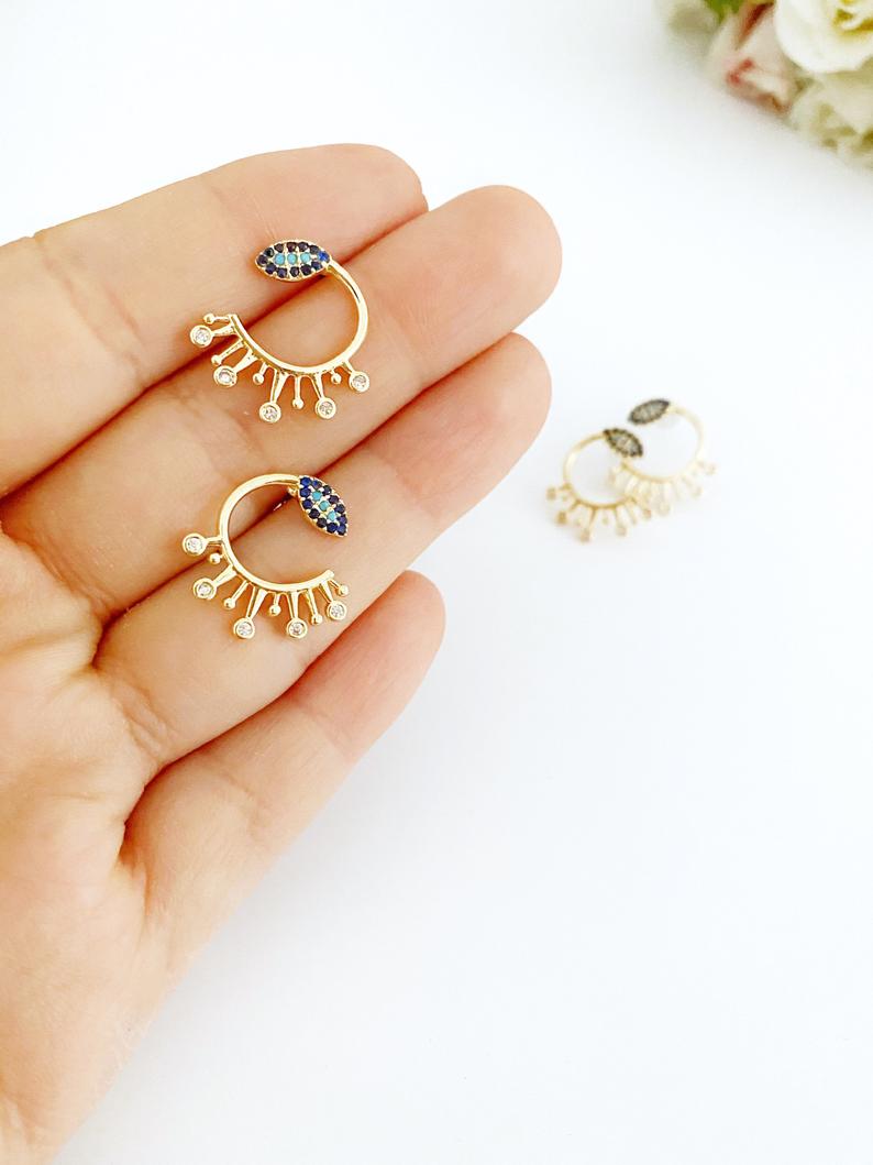 Gold Evil Eye Stud Earrings, CZ Paved Evil Eye Earrings Stud, Trendy