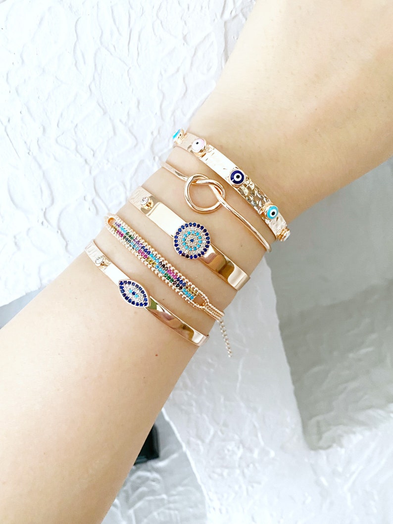 Evil Eye Bracelet, Rose Gold Cuff Bracelet, Knot Bracelet, Bangles