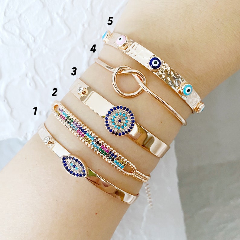 Evil Eye Bracelet, Rose Gold Cuff Bracelet, Knot Bracelet, Bangles