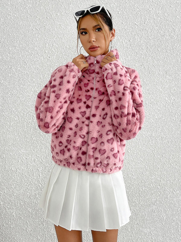 Valentine's Day Love Leopard Print Plush Jacket