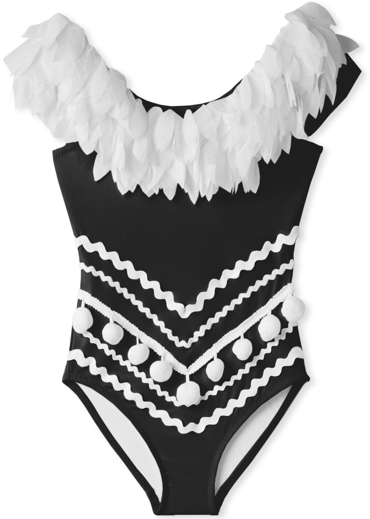 Black Draped Swimsuit with Petals & Pom Poms