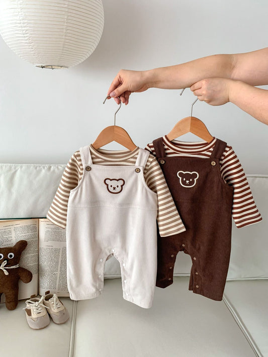 Infant Baby Unisex Bear Head Corduroy Combo Overalls In Sets