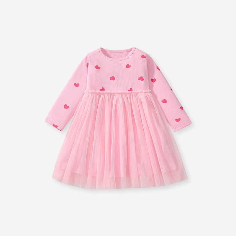 Arrival Autumn Girls Heart Print Crew Neck Long Sleeves Tulle